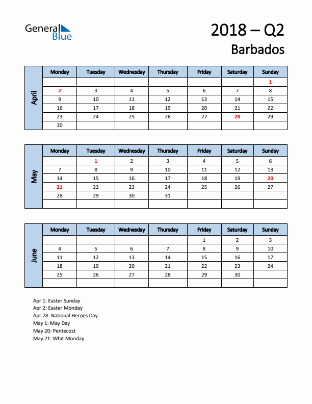 Free Q2 2018 Calendar for Barbados - Monday Start