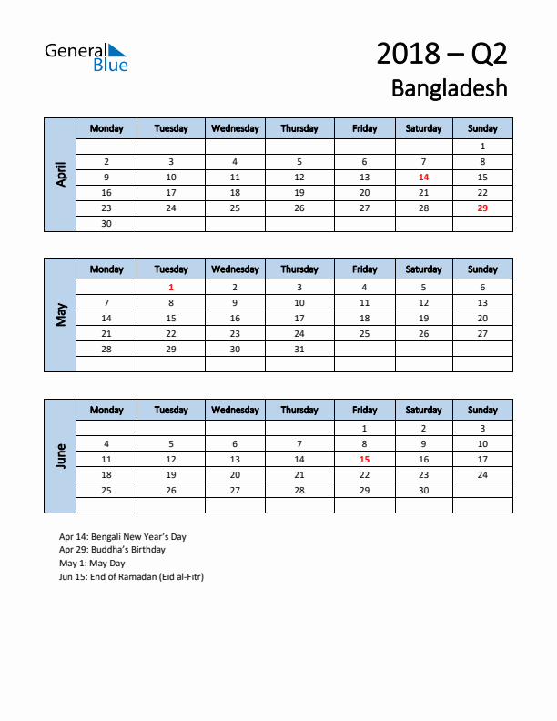 Free Q2 2018 Calendar for Bangladesh - Monday Start