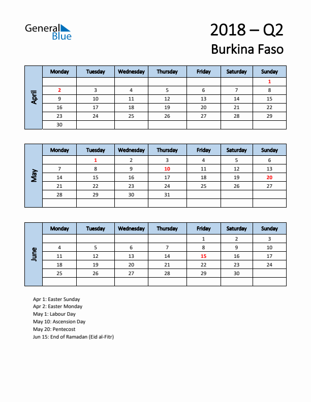 Free Q2 2018 Calendar for Burkina Faso - Monday Start