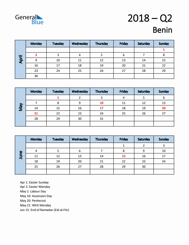 Free Q2 2018 Calendar for Benin - Monday Start