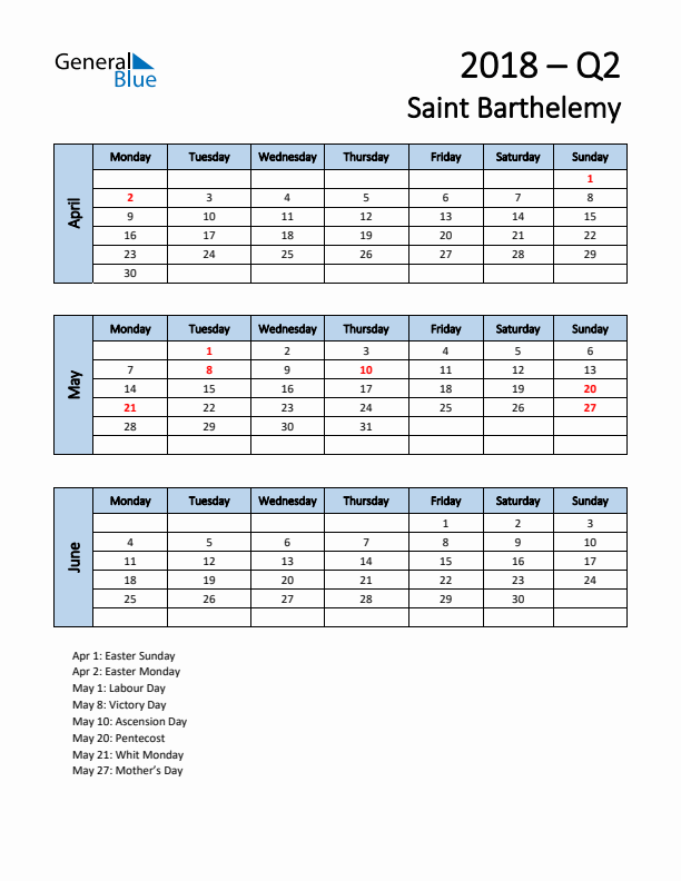 Free Q2 2018 Calendar for Saint Barthelemy - Monday Start
