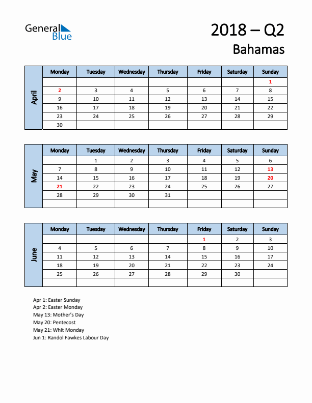 Free Q2 2018 Calendar for Bahamas - Monday Start