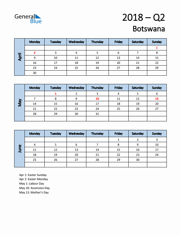 Free Q2 2018 Calendar for Botswana - Monday Start