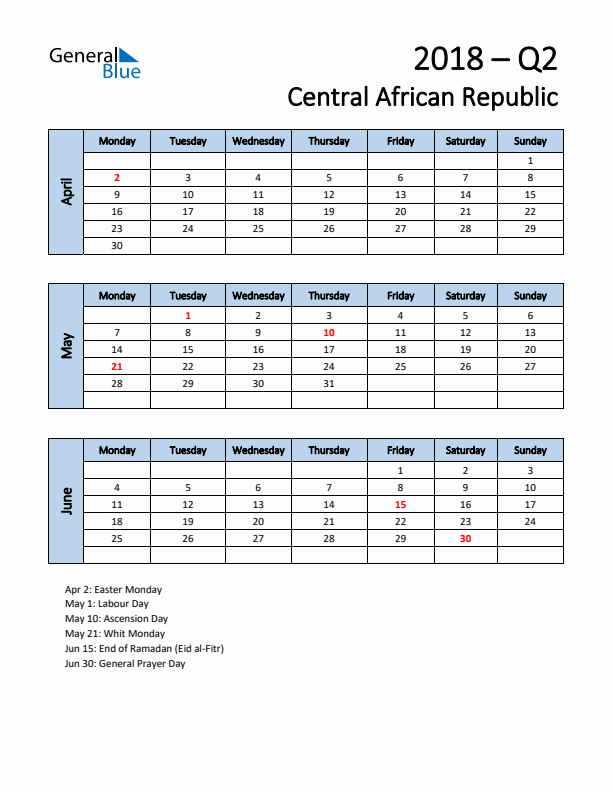 Free Q2 2018 Calendar for Central African Republic - Monday Start