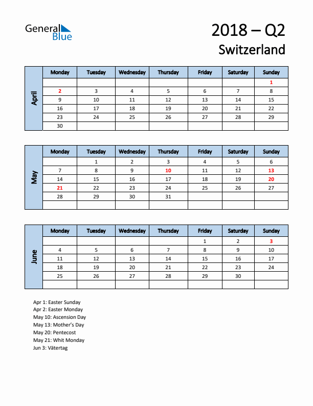 Free Q2 2018 Calendar for Switzerland - Monday Start