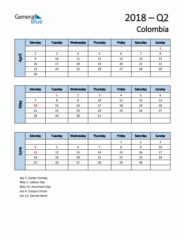 Free Q2 2018 Calendar for Colombia - Monday Start