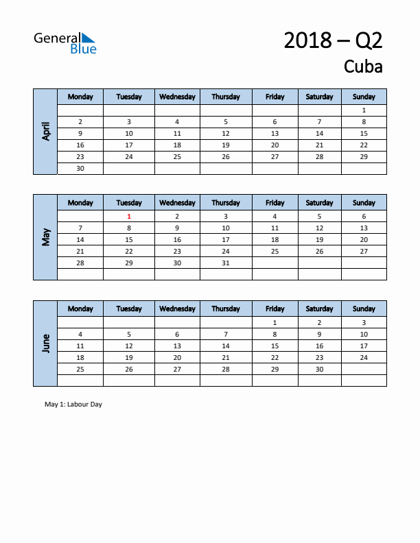 Free Q2 2018 Calendar for Cuba - Monday Start
