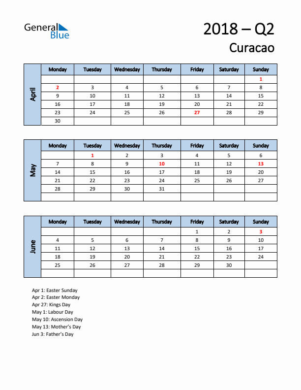 Free Q2 2018 Calendar for Curacao - Monday Start
