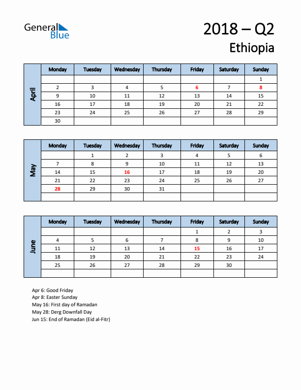 Free Q2 2018 Calendar for Ethiopia - Monday Start