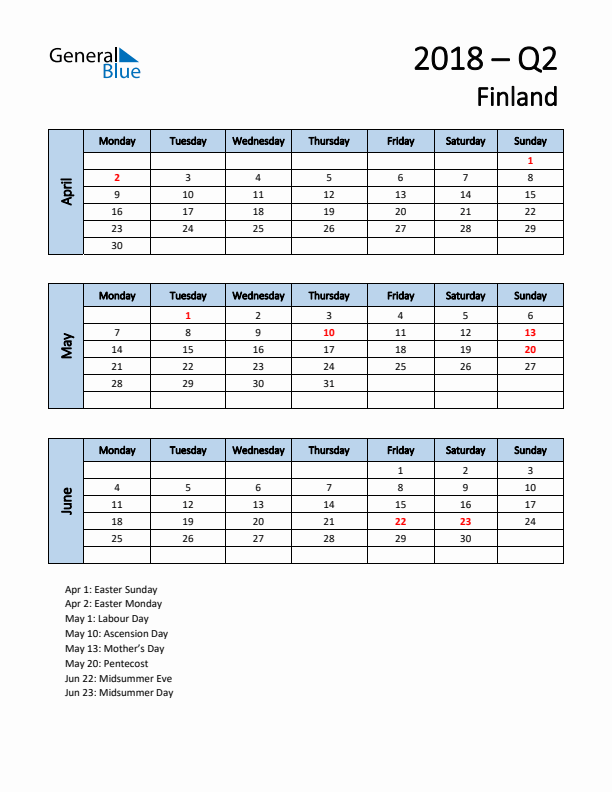 Free Q2 2018 Calendar for Finland - Monday Start
