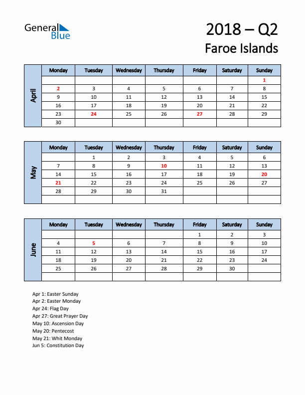 Free Q2 2018 Calendar for Faroe Islands - Monday Start