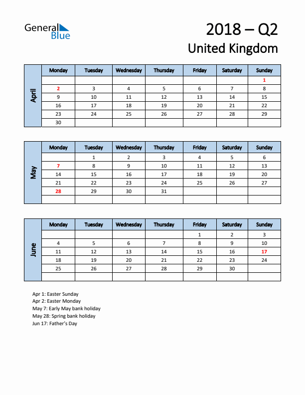 Free Q2 2018 Calendar for United Kingdom - Monday Start