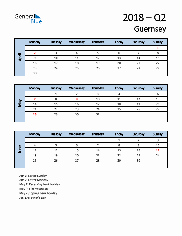 Free Q2 2018 Calendar for Guernsey - Monday Start