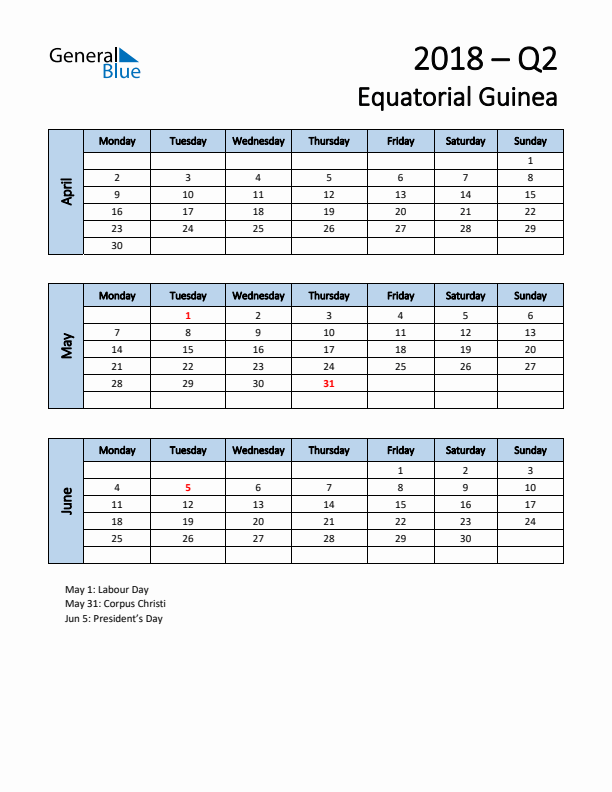 Free Q2 2018 Calendar for Equatorial Guinea - Monday Start