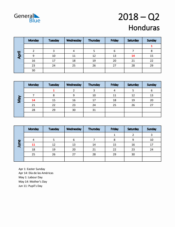 Free Q2 2018 Calendar for Honduras - Monday Start