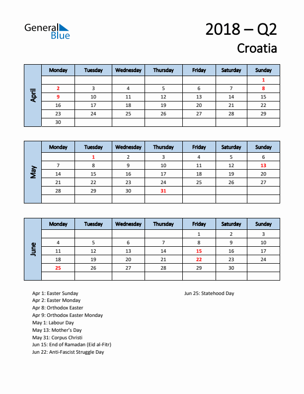 Free Q2 2018 Calendar for Croatia - Monday Start
