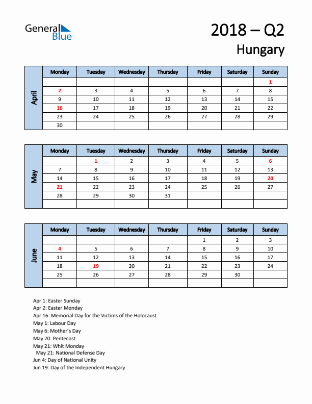 Free Q2 2018 Calendar for Hungary - Monday Start