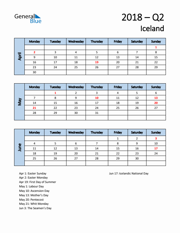 Free Q2 2018 Calendar for Iceland - Monday Start