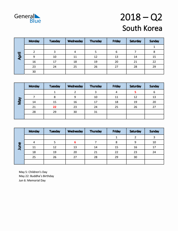 Free Q2 2018 Calendar for South Korea - Monday Start
