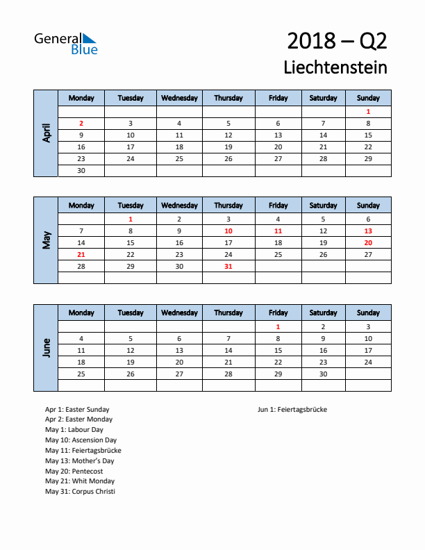 Free Q2 2018 Calendar for Liechtenstein - Monday Start