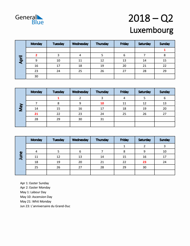 Free Q2 2018 Calendar for Luxembourg - Monday Start