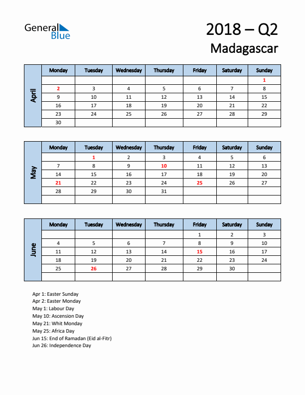 Free Q2 2018 Calendar for Madagascar - Monday Start