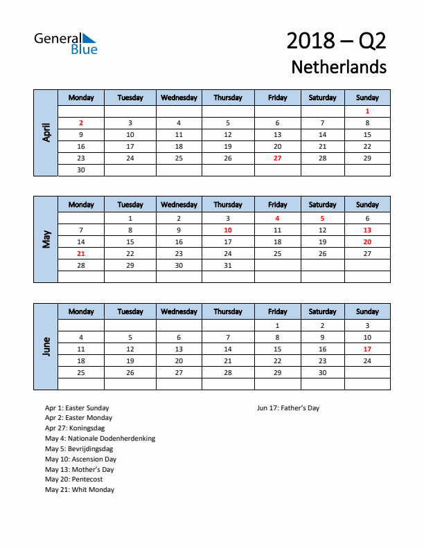 Free Q2 2018 Calendar for The Netherlands - Monday Start