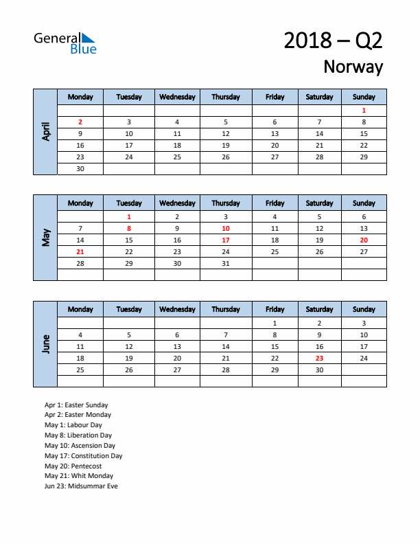 Free Q2 2018 Calendar for Norway - Monday Start