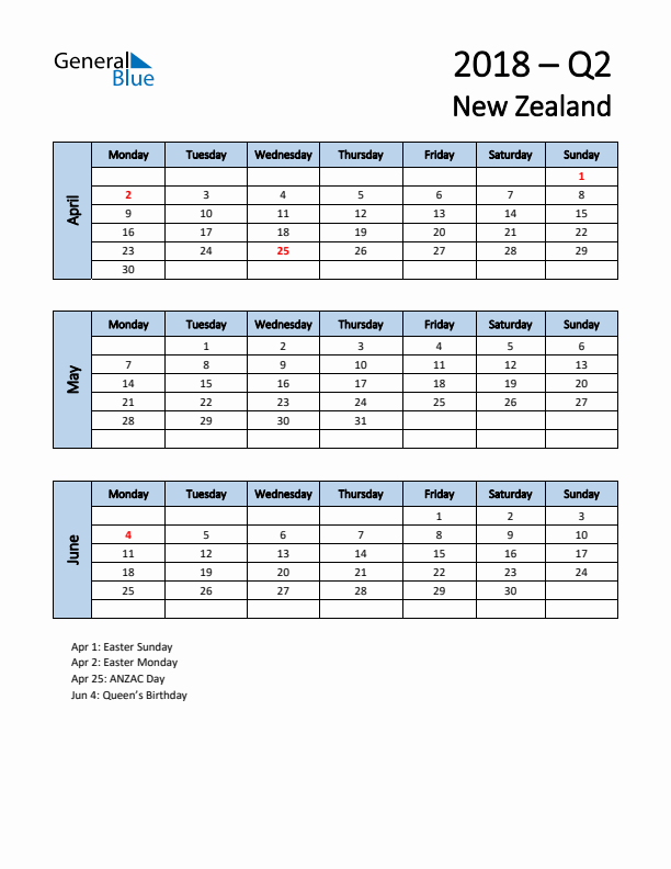 Free Q2 2018 Calendar for New Zealand - Monday Start