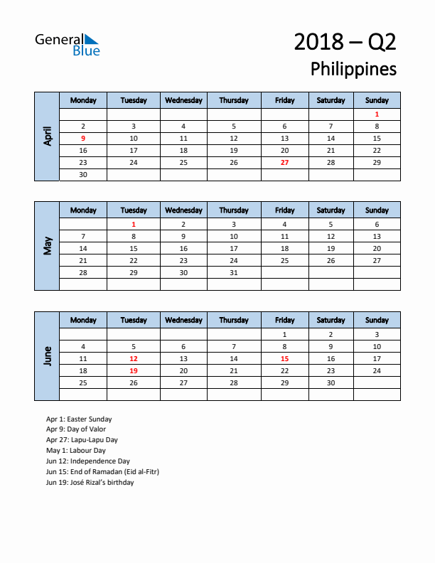Free Q2 2018 Calendar for Philippines - Monday Start