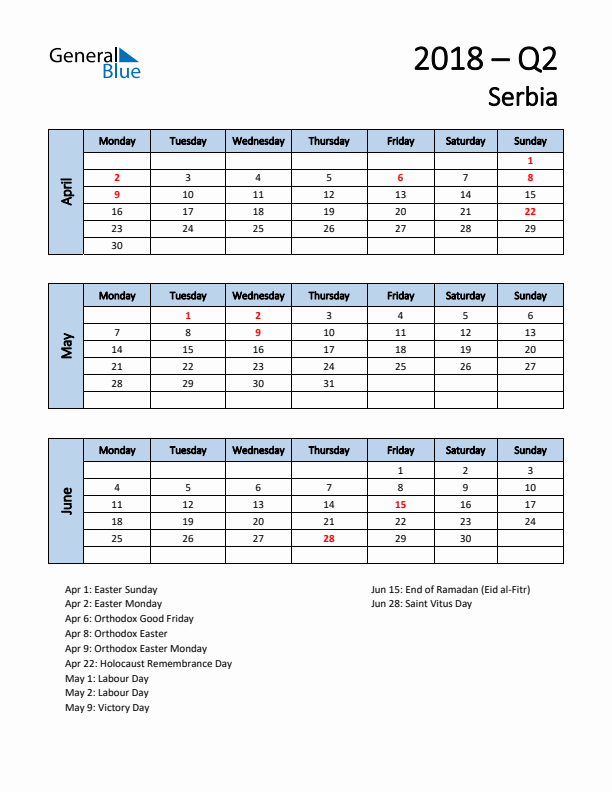 Free Q2 2018 Calendar for Serbia - Monday Start