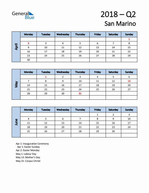 Free Q2 2018 Calendar for San Marino - Monday Start