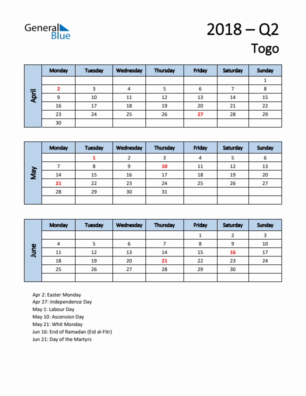 Free Q2 2018 Calendar for Togo - Monday Start