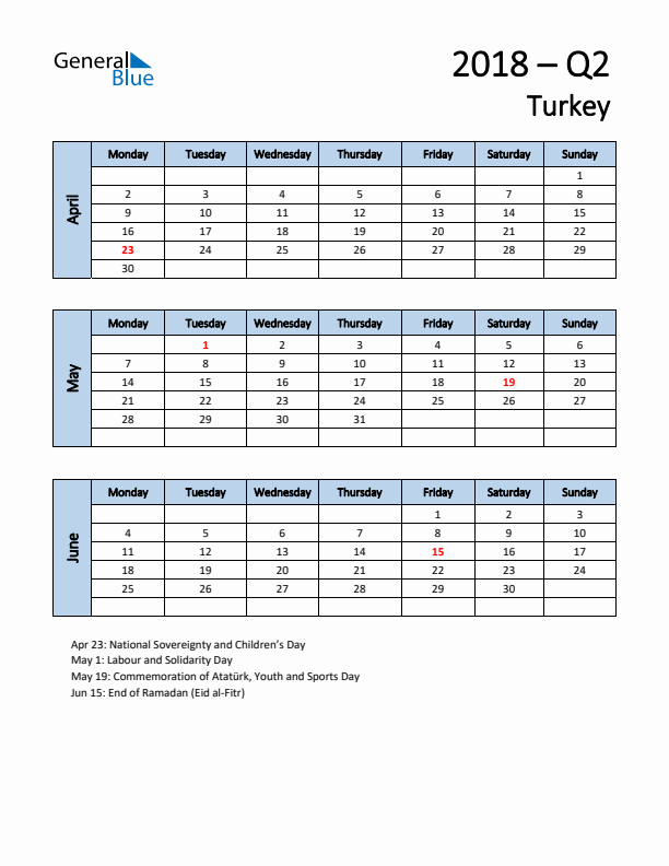 Free Q2 2018 Calendar for Turkey - Monday Start