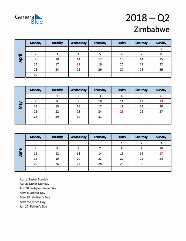 Free Q2 2018 Calendar for Zimbabwe - Monday Start
