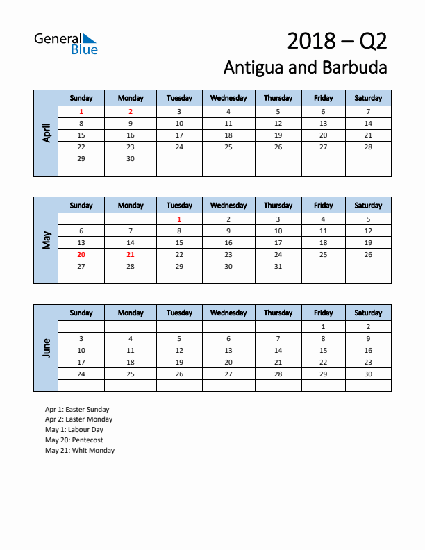 Free Q2 2018 Calendar for Antigua and Barbuda - Sunday Start