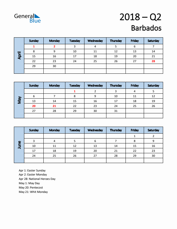 Free Q2 2018 Calendar for Barbados - Sunday Start