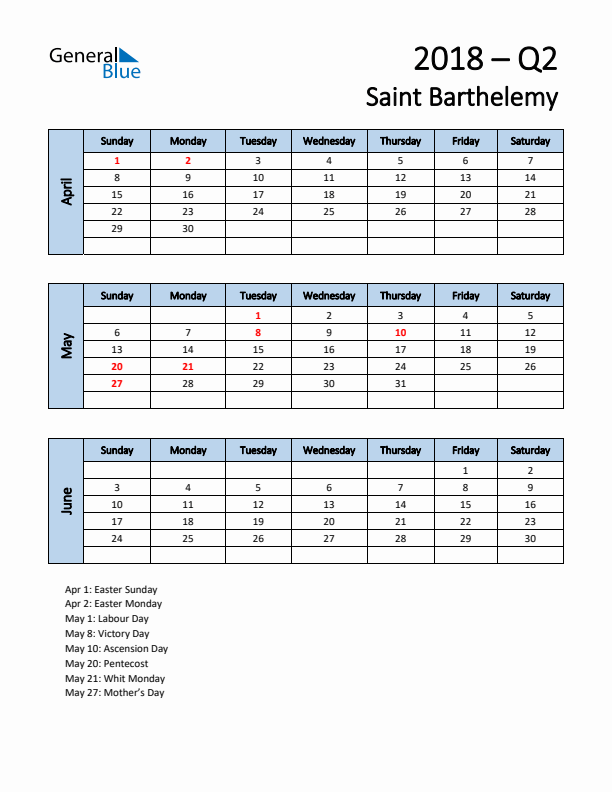 Free Q2 2018 Calendar for Saint Barthelemy - Sunday Start