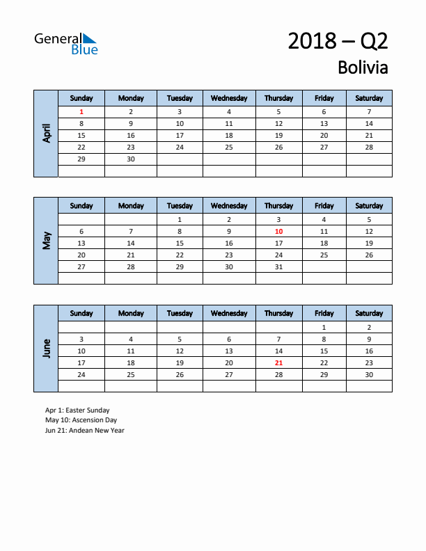 Free Q2 2018 Calendar for Bolivia - Sunday Start