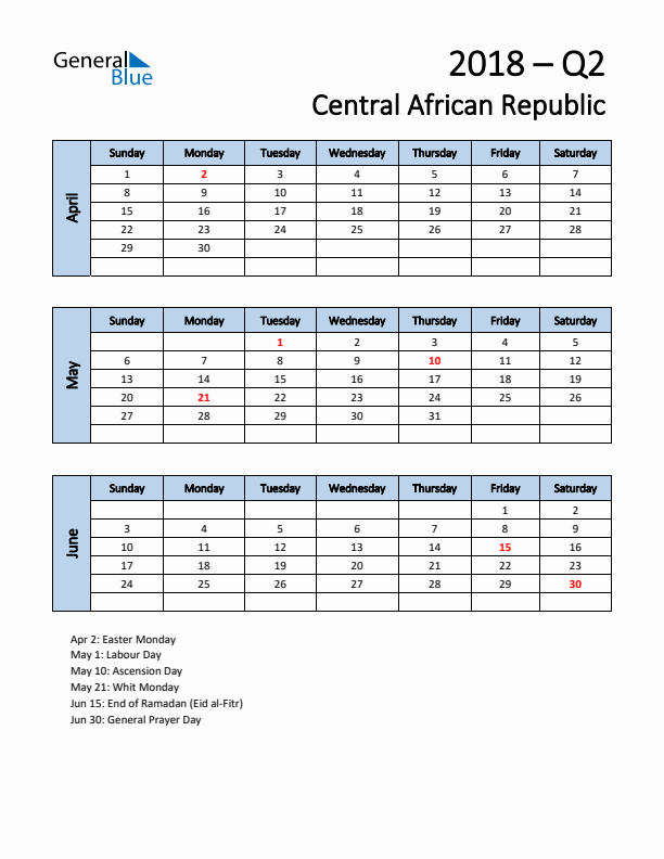 Free Q2 2018 Calendar for Central African Republic - Sunday Start