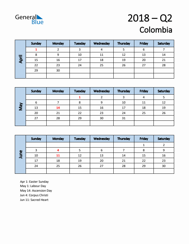 Free Q2 2018 Calendar for Colombia - Sunday Start