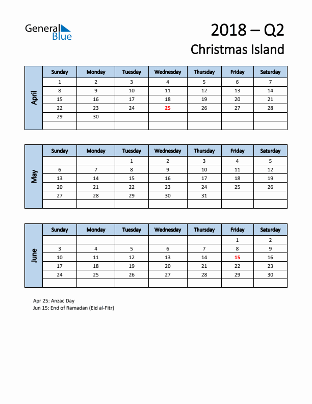 Free Q2 2018 Calendar for Christmas Island - Sunday Start