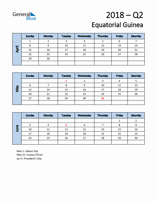 Free Q2 2018 Calendar for Equatorial Guinea - Sunday Start