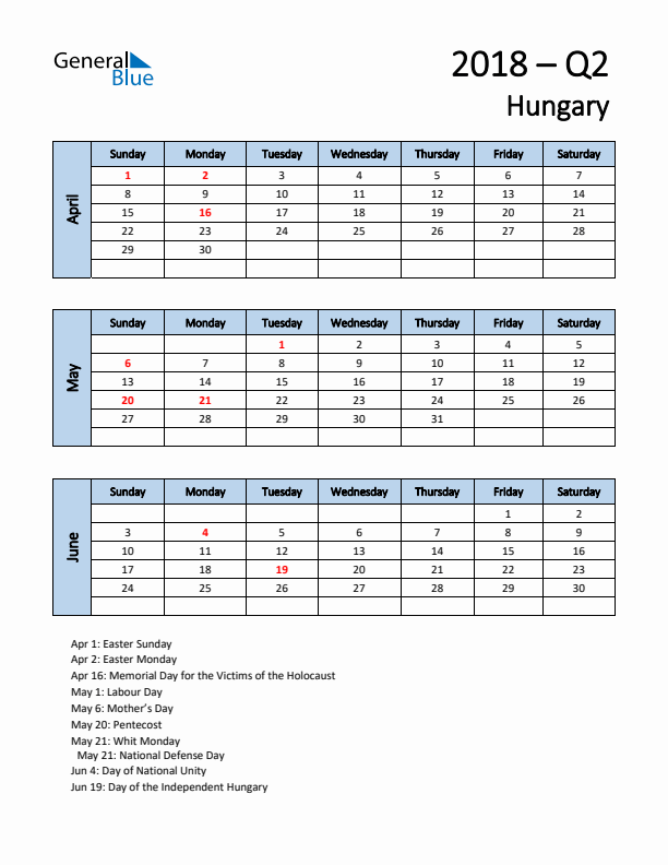 Free Q2 2018 Calendar for Hungary - Sunday Start