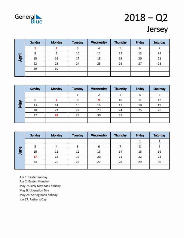 Free Q2 2018 Calendar for Jersey - Sunday Start