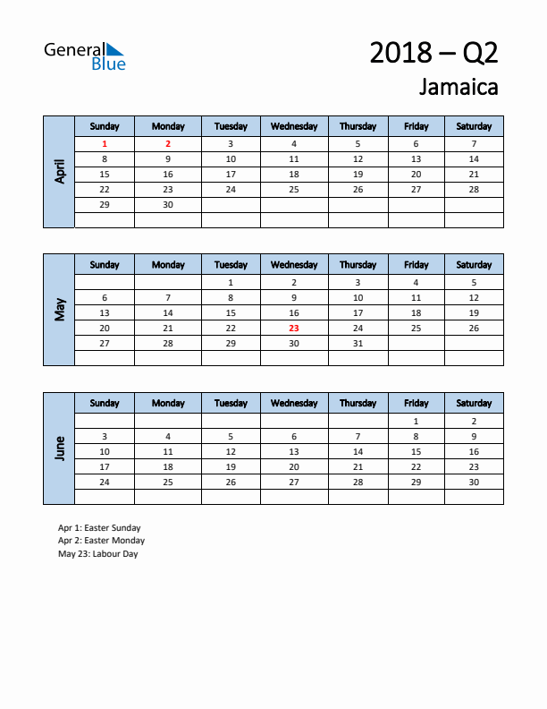 Free Q2 2018 Calendar for Jamaica - Sunday Start