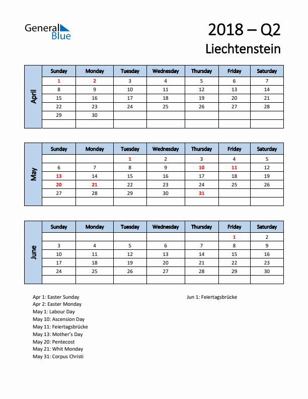 Free Q2 2018 Calendar for Liechtenstein - Sunday Start
