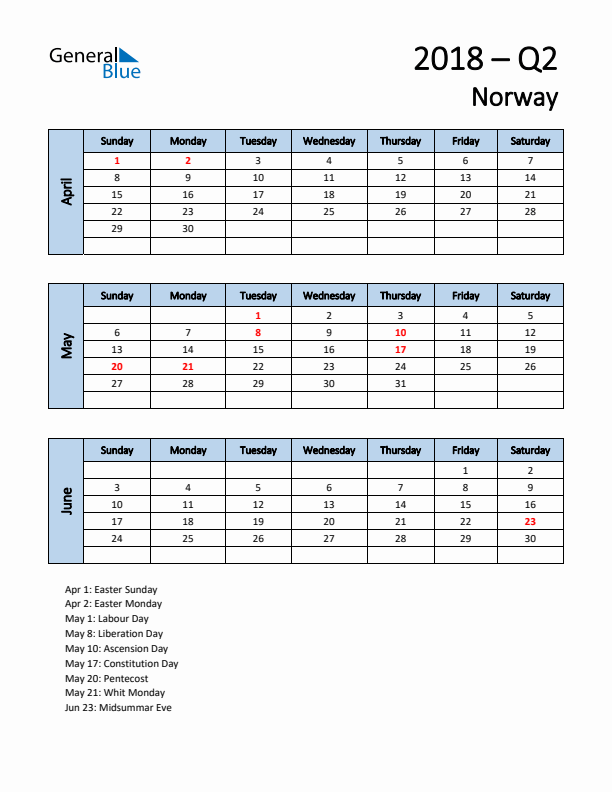 Free Q2 2018 Calendar for Norway - Sunday Start