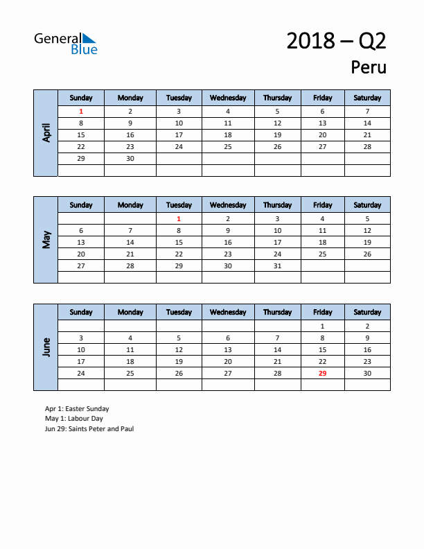 Free Q2 2018 Calendar for Peru - Sunday Start
