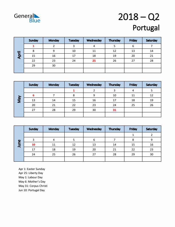 Free Q2 2018 Calendar for Portugal - Sunday Start